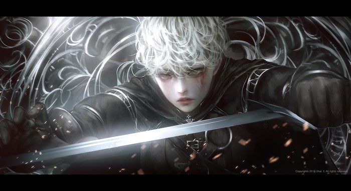 Fantasy knight with white hair holding a sword
