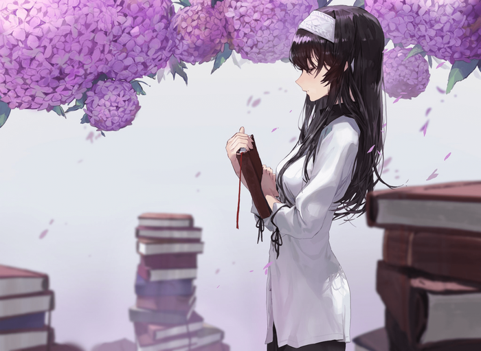 Anime girl with dark hair holding a book under purple flowers