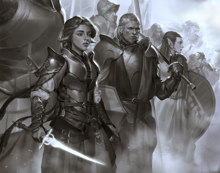 Fantasy art of knights and warriors with swords