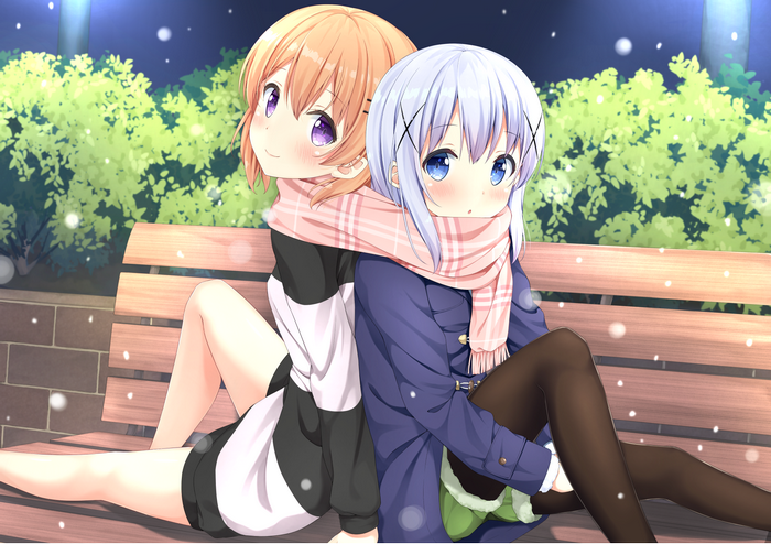 Kafuu Chino and Hoto Kokoa from Gochuumon wa Usagi Desu ka? in winter park