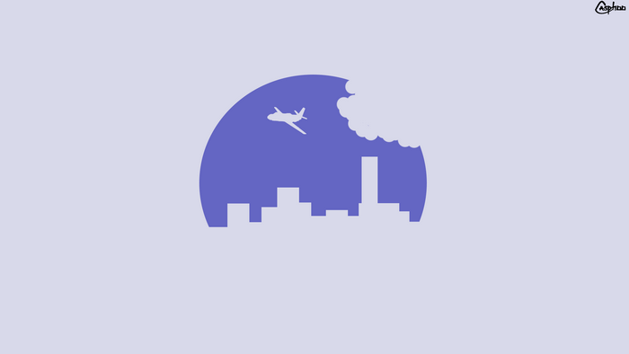 Minimalist cityscape with airplane and clouds in a circle