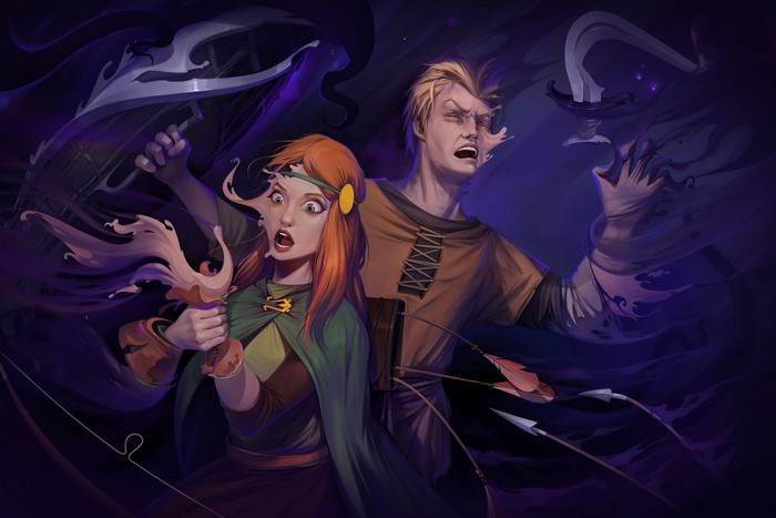 Fantasy art of a woman and man attacked by dark magic