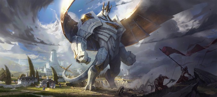 Galio from League of Legends in a war scene