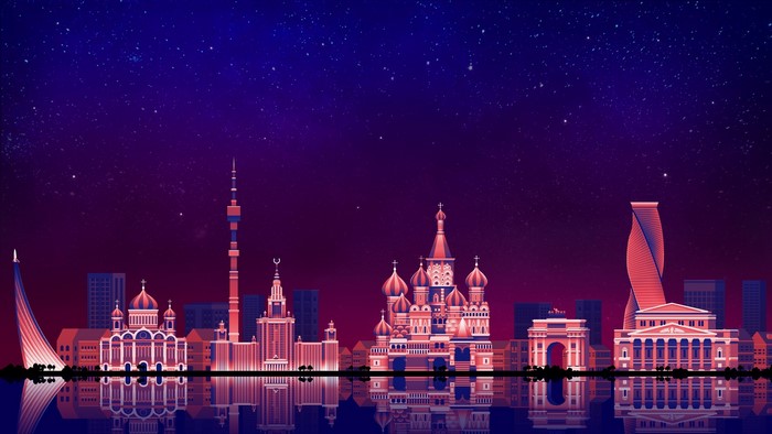 Moscow cityscape skyline at night with reflections