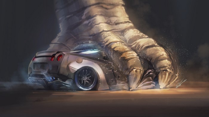 Monster foot crushing a Nissan GT-R car
