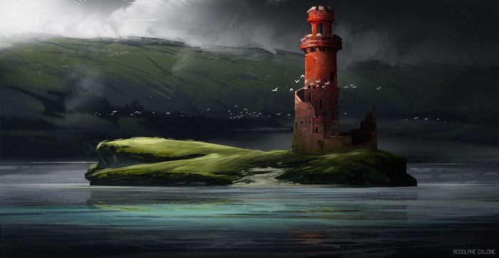 Fantasy art of a red tower on an island with birds