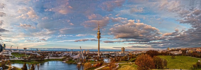 Munich Olympic Park with TV Tower and Lake