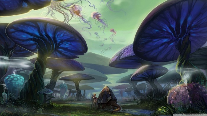 Fantasy landscape with giant mushrooms and jellyfish