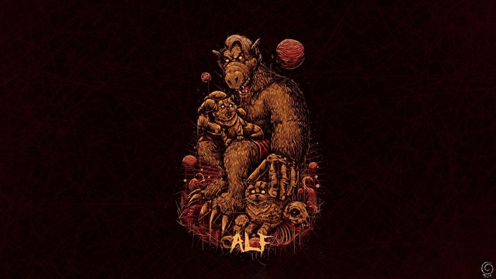 Alf holding a cat with skulls and planets
