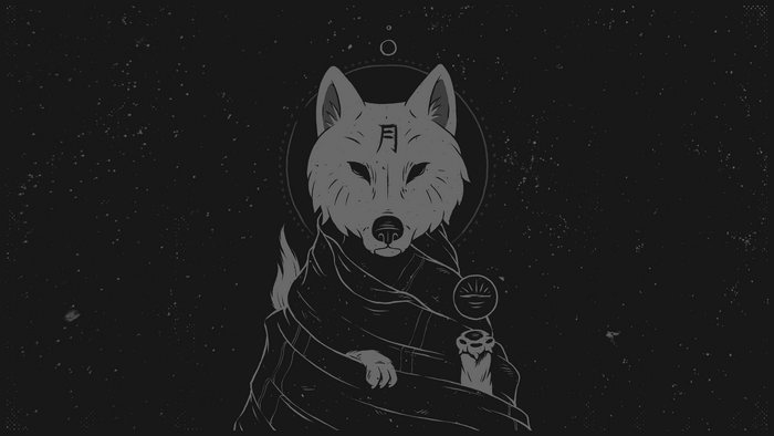 Monochrome wolf with kanji and celestial symbols