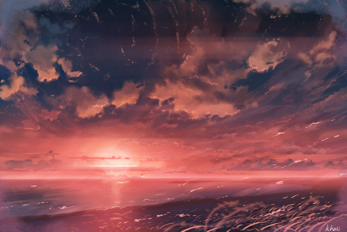Artwork of a sunset over the sea with clouds