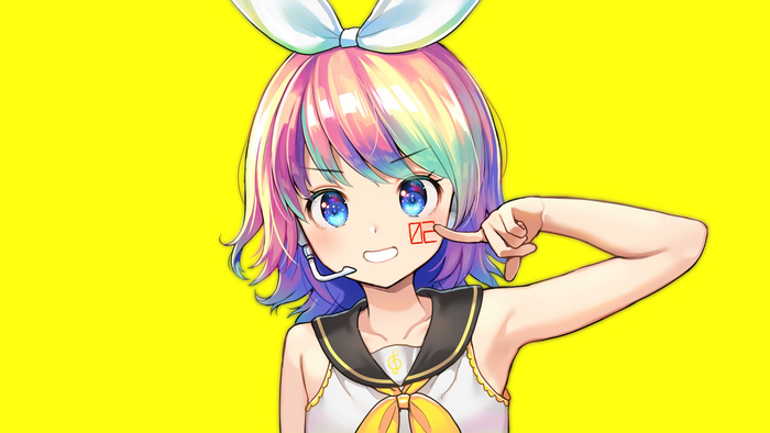 Kagamine Rin anime girl with rainbow hair