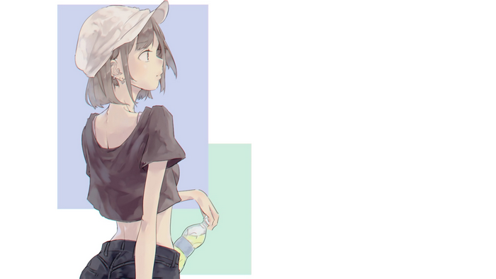 Anime girl in a cap holding a soda bottle