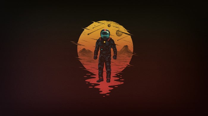 Astronaut standing on a desolate planet with a large sun