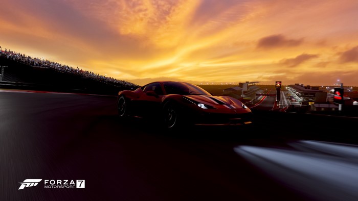 Ferrari on a race track at sunset, Forza Motorsport 7