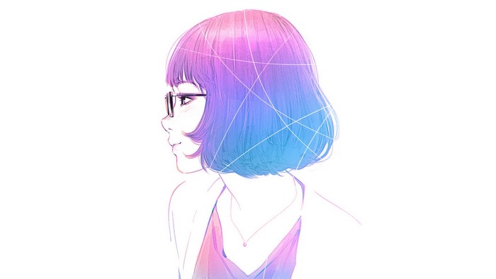 Anime girl with pink and blue hair wearing glasses