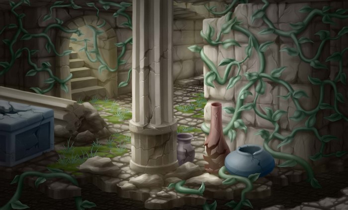 Ruined ancient structure with vines and pottery