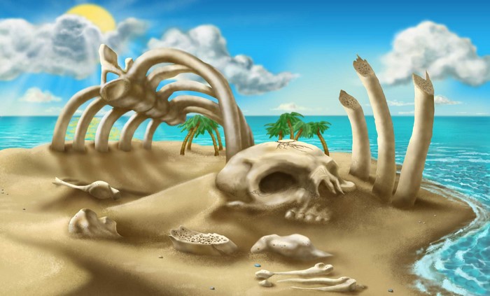 Island with giant bones and skull