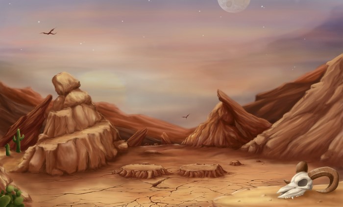 Desert landscape with rocks, cacti, and animal skull