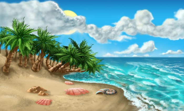 Tropical beach with palm trees and ocean waves