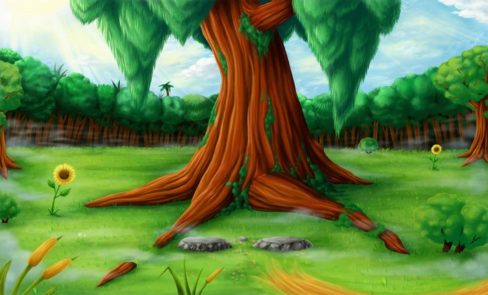 Miscrits video game art of a forest with a large tree