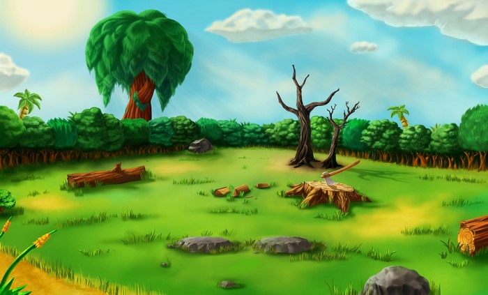 Video game art of a clearing with trees and logs