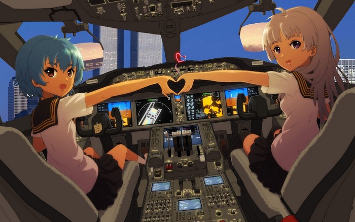Anime girls in airplane cockpit with World Trade Center background