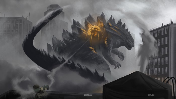 Godzilla and Carlos in a destroyed city