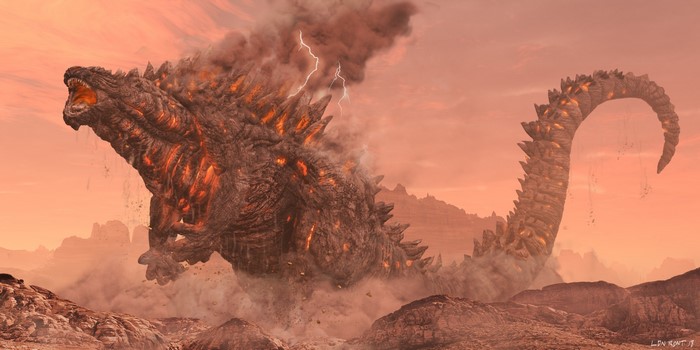 Godzilla with glowing body and lightning in desert