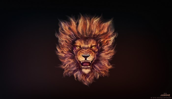 Artwork of a roaring lion with fiery mane