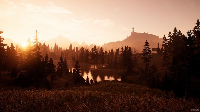 Far Cry 5 landscape with sunset over mountains and forest