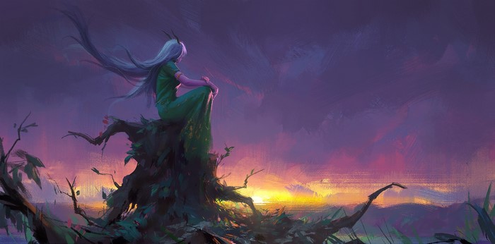 Woman with white hair and demon horns sitting on a tree stump