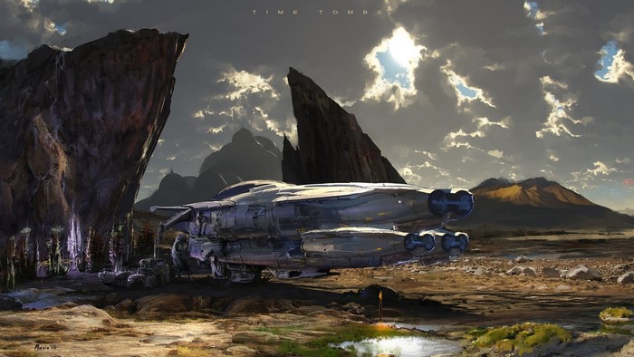 Futuristic spaceship landed in a rocky alien landscape