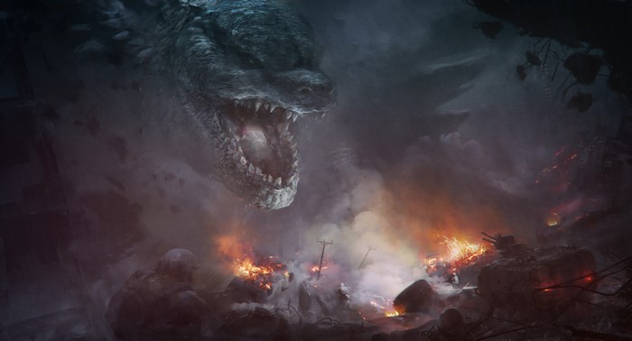Godzilla emerges from smoke over a burning city