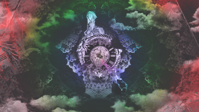 Surreal clock with fractal clouds and rainbow colors