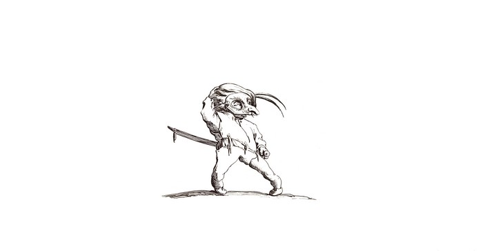 Monochrome etching of a creature with a sword
