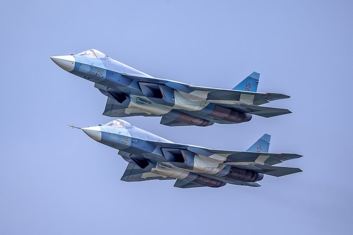 Two Sukhoi Su-57 fighter jets in flight