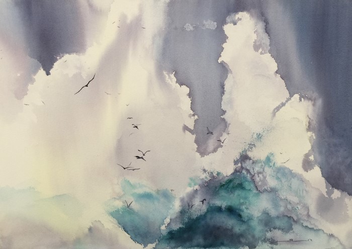 Watercolor painting of birds flying through stormy clouds