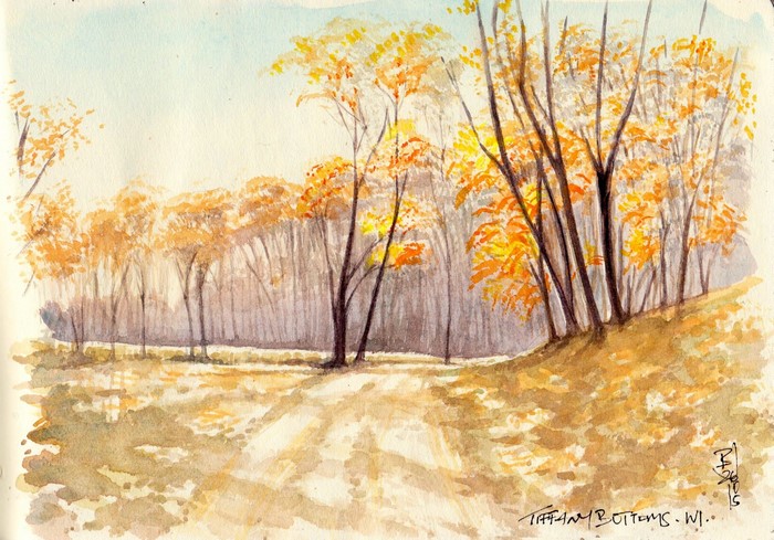 Watercolor painting of a forest path in autumn