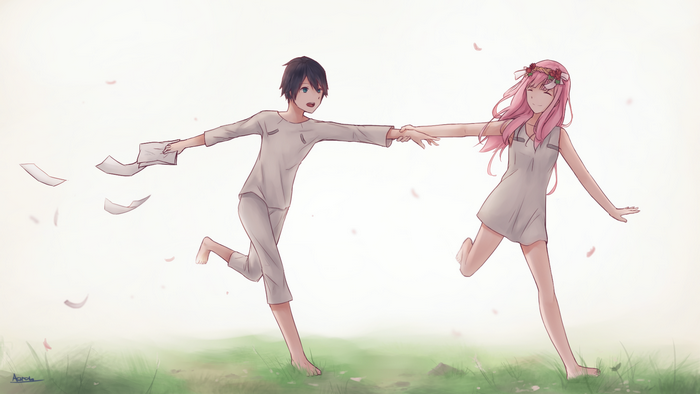 Zero Two and Hiro from Darling in the FranXX running