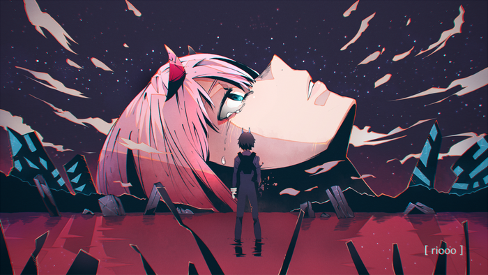 Zero Two and Hiro from Darling in the FranXX in a red sea