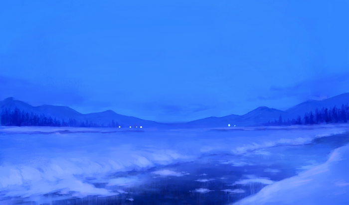 Snowy landscape with mountains and river