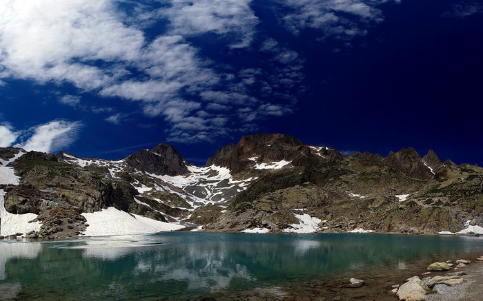 Mountain lake with snow-capped peaks and blue sky