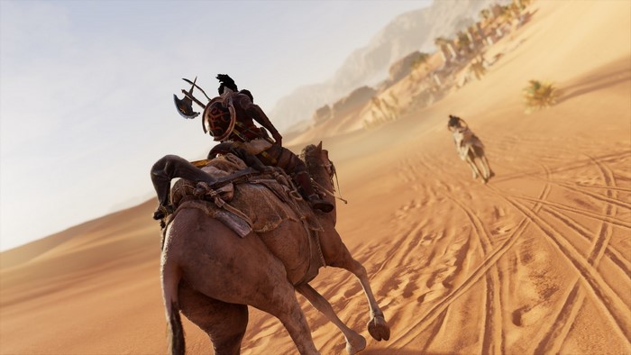 Bayek from Assassin's Creed: Origins riding a camel