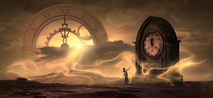 Woman and clocks in surreal landscape