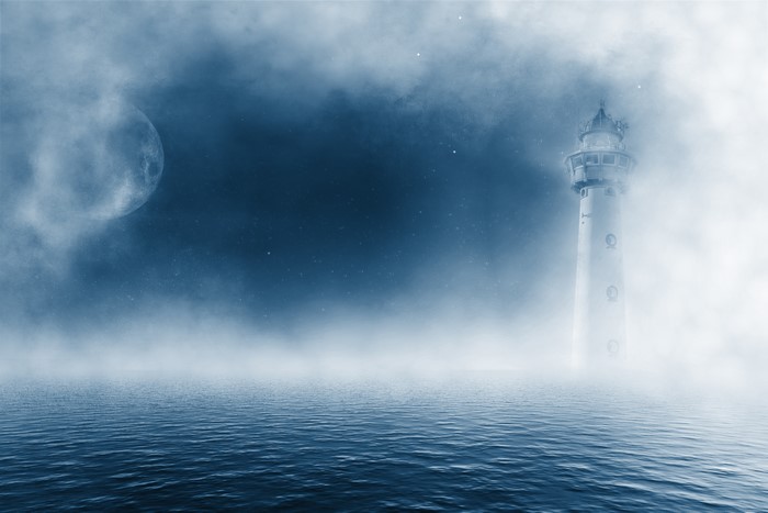 4K Lighthouse in the Mist over the Sea with Moon