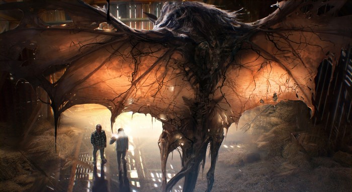 Creature with tattered wings in a barn