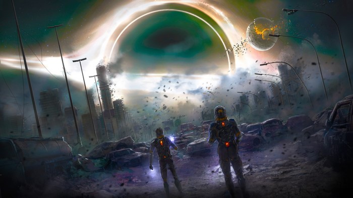 Two astronauts in a destroyed city with a black hole
