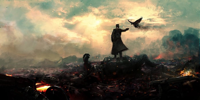 Figure in a desolate, war-torn landscape with a bird