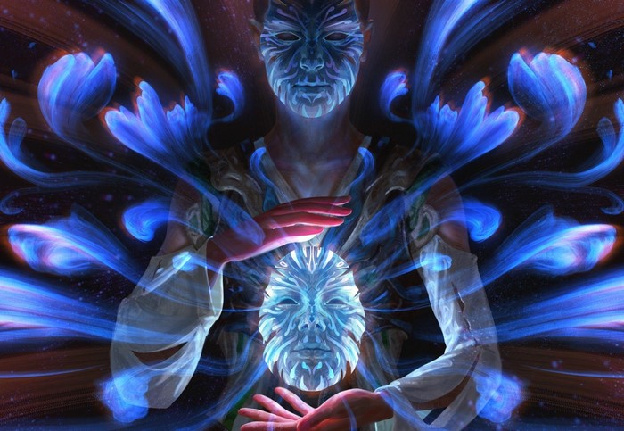 Digital art of a person with a mask and blue energy